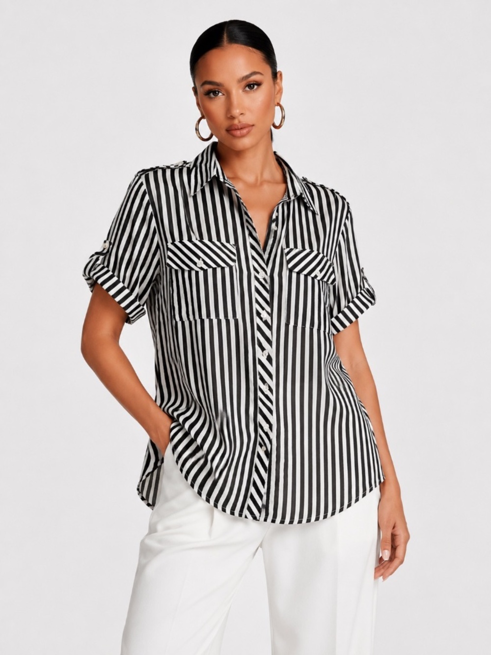 Norma Kamali 100% Cotton Striped Dress Shirt Roll Tab Sleeve Women Size XL